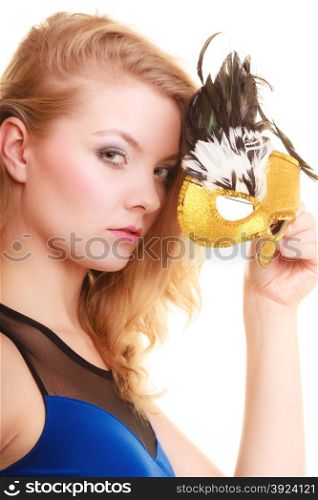 People celebration concept. Masquerade. Beautiful girl in carnival mysterious mask. Studio shot isolated