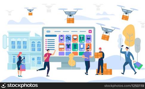 People Characters Shopping and Purchases Express Delivery in City. Drones Carry Boxes. E-commerce Sale, Digital Consumer Marketing. Online Application on Huge Monitor. Cartoon Flat Vector Illustration. Express Delivery in City. Drones Carry Boxes.
