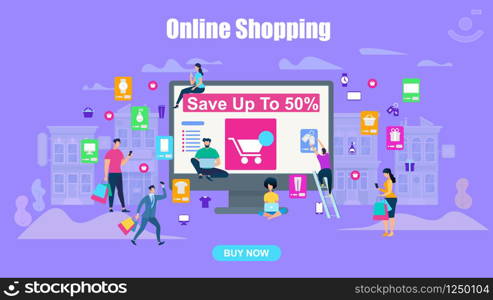 People Characters with Gadgets and Bags Standing and Moving at Giant Monitor with Save Up to 50 Percent Text on Screen. Big Sale. Online Shopping, Internet Discount. Cartoon Flat Vector Illustration. Big Sale Horizontal Banner, Online Shopping People