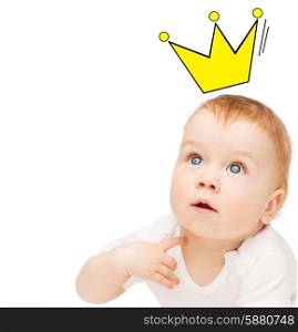 people, childhood, royalty and happiness concept - close up of happy baby with crown doodle