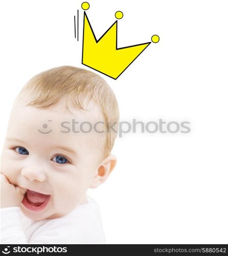 people, childhood, royalty and happiness concept - close up of happy smiling baby with crown doodle