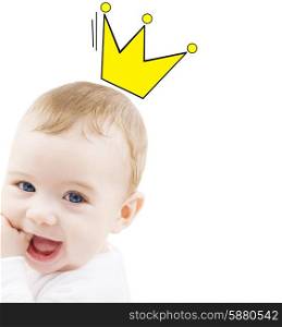 people, childhood, royalty and happiness concept - close up of happy smiling baby with crown doodle