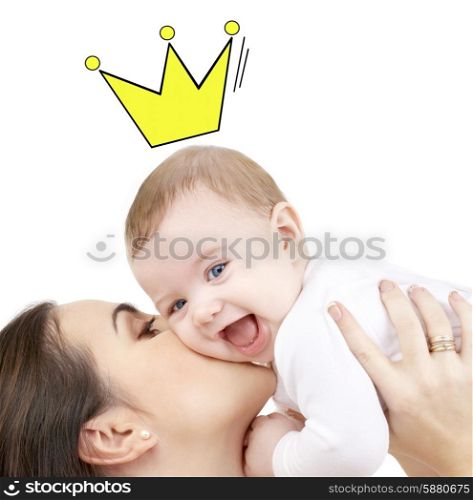people, childhood, royalty and happiness concept - happy mother kissing and holding baby with crown doodle