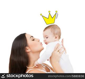 people, childhood, royalty and happiness concept - happy mother kissing and holding baby with crown doodle