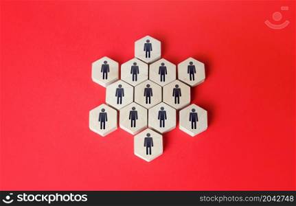 People combined into a star-shaped structure. Unity. Building a business team, teamwork cooperation. Staff expansion and recruiting. Human resources. Personnel management. Discipline and hierarchy.