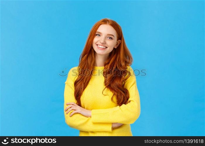 People, communication and lifestyle concept. Waist-up shot cheerful outgoing redhead pretty woman with curly hair, yellow sweater, cross arms chest relaxed pose, smiling, chatting coworker.. People, communication and lifestyle concept. Waist-up shot cheerful outgoing redhead pretty woman with curly hair, yellow sweater, cross arms chest relaxed pose, smiling, chatting coworker