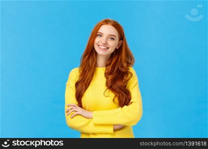 People, communication and lifestyle concept. Waist-up shot cheerful outgoing redhead pretty woman with curly hair, yellow sweater, cross arms chest relaxed pose, smiling, chatting coworker.. People, communication and lifestyle concept. Waist-up shot cheerful outgoing redhead pretty woman with curly hair, yellow sweater, cross arms chest relaxed pose, smiling, chatting coworker