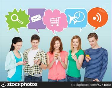 people, communication and technology concept - smiling friends with smartphones over blue background with doodles