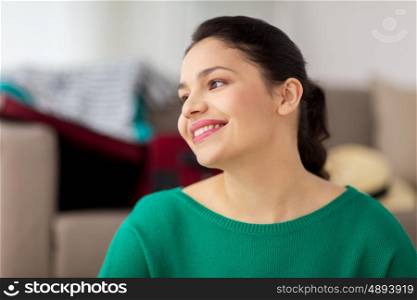 people concept - happy young woman portrait at home. happy young woman portrait at home