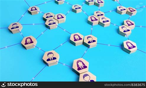 People connected in a global network. Cooperation and globalization, contributions to projects. Society. Globalization. Improving performance, innovation. Decentralized networking. Connections links
