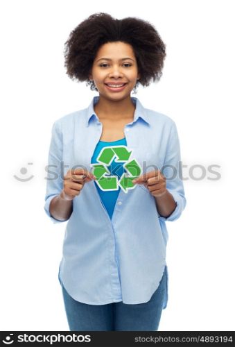 people, conservation, ecology and environment concept - happy african american young woman with recycling symbol over white