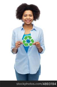 people, conservation, ecology and environment concept - happy african american young woman with recycling symbol over white