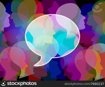 People crowd symbol as a large public group shaped as a speach or chat bubble as an icon for society and population communication and social media discussion.