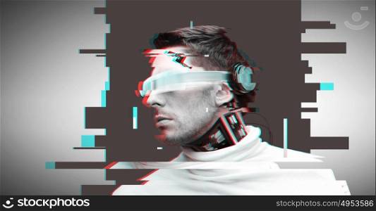 people, cyberspace, future technology and progress - man cyborg with 3d glasses and microchip implant or sensors over virtual glitch effect. man with futuristic glasses and sensors