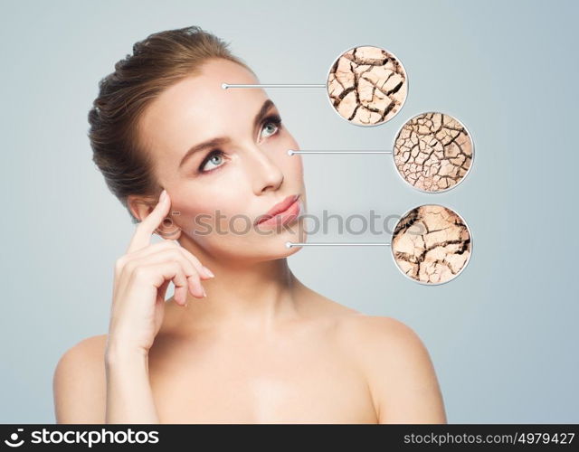 people, dehydration, skincare and beauty concept - face of beautiful woman with damaged dry skin samples. face of beautiful woman with damaged skin samples