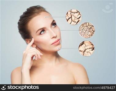 people, dehydration, skincare and beauty concept - face of beautiful woman with damaged dry skin samples. face of beautiful woman with damaged skin samples