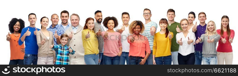 people, diversity and international concept - group of men, women and kid showing thumbs up over white background. group of smiling people showing thumbs up