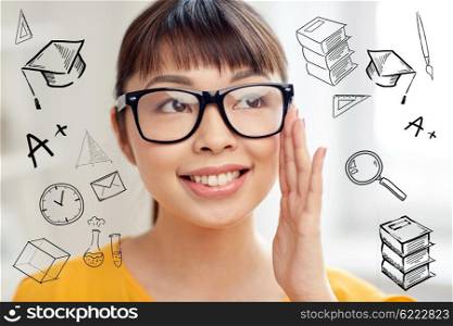 people, education and school concept - happy asian young woman or teenage student girl in glasses at home with doodles