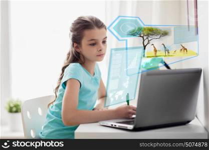 people, education and technology concept - girl with laptop computer writing to notebook at home over wild animals on virtual screen animals. girl with laptop writing to notebook at home