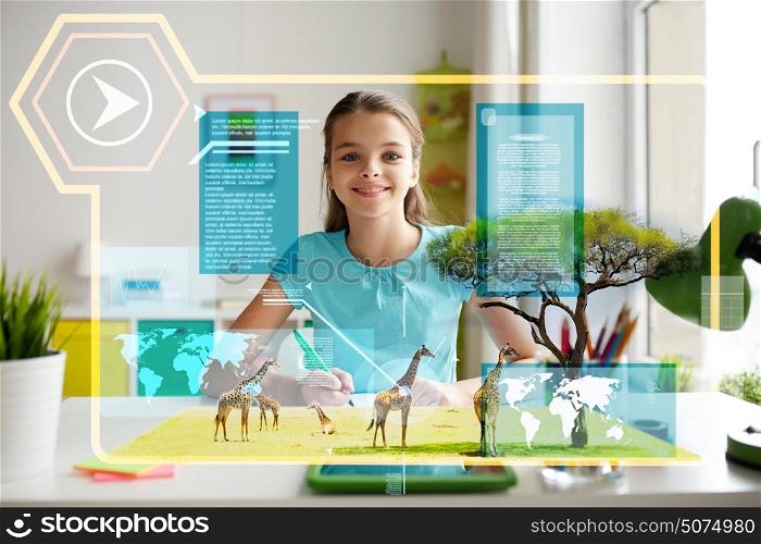 people, education and technology concept - happy smiling girl with tablet pc computer and notebook doing homework at home over wild animals on virtual screen animals. happy girl with tablet pc and notebook at home