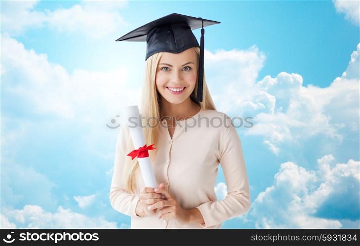 people, education, high school and graduation concept - happy student girl in bachelor cap with diploma over blue sky and clouds background