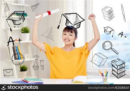 people, education, school, graduation and learning concept - happy asian young woman student with diploma scroll celebrating at home with doodles