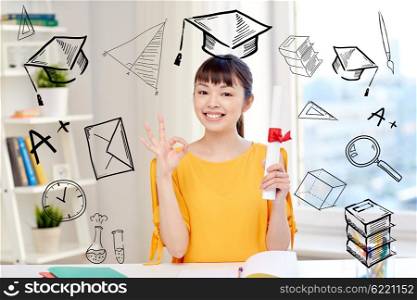 people, education, school, graduation and learning concept - happy asian young woman student with diploma scroll at home showing ok hand sign with doodles