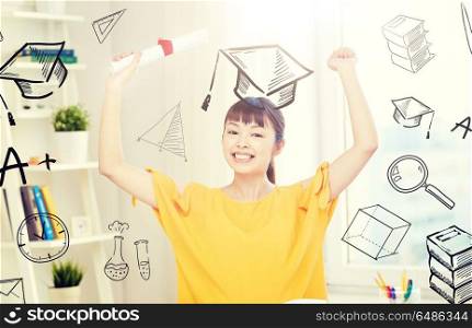 people, education, school, graduation and learning concept - happy asian young woman student with diploma scroll celebrating at home with doodles. happy asian woman student with diploma at home. happy asian woman student with diploma at home