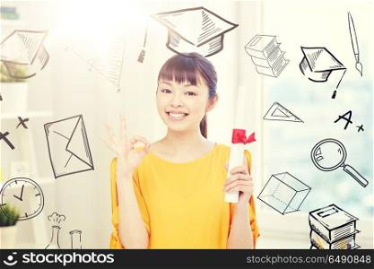 people, education, school, graduation and learning concept - happy asian young woman student with diploma scroll at home showing ok hand sign with doodles. happy asian woman student with diploma at home. happy asian woman student with diploma at home