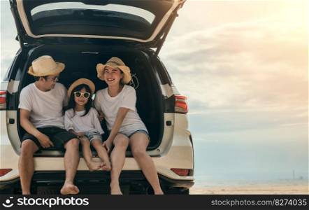 People enjoying road trip sitting down on back their car, Parents and children traveling in holiday at sea beach, family having fun in summer vacation on beach blue sky, Happy Family and World Tourism Day
