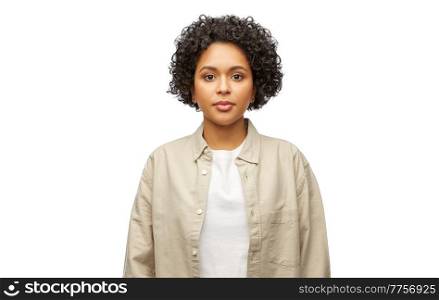 people, ethnicity and portrait concept - woman in shirt over white background. portrait of woman in shirt over white background