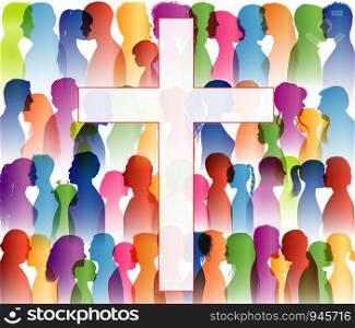People finding Christianity. Crowd of believing people. People at the cross. Believers who pray. Group of people. Christian Church. Christian worship