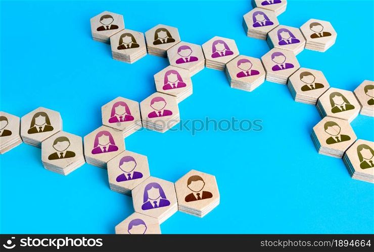 People form a chain of communication. Cooperation for solving tasks. Networking. Multiculturalism. Connecting groups of people, uniting around idea. Assistance and collaboration. Unity and diversity.