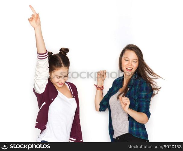 people, friends, teens and friendship concept - happy smiling pretty teenage girls dancing
