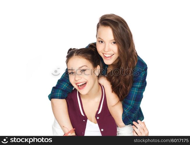 people, friends, teens and friendship concept - happy smiling pretty teenage girls hugging