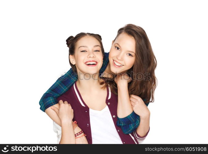 people, friends, teens and friendship concept - happy smiling pretty teenage girls hugging