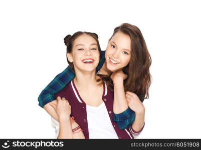 people, friends, teens and friendship concept - happy smiling pretty teenage girls hugging