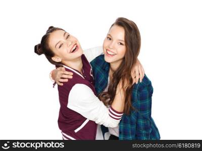 people, friends, teens and friendship concept - happy smiling pretty teenage girls hugging