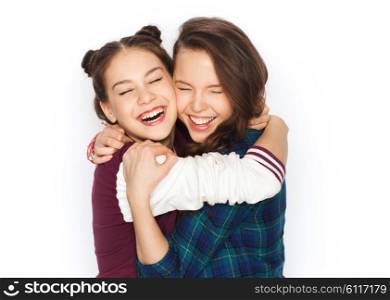 people, friends, teens and friendship concept - happy smiling pretty teenage girls hugging and laughing