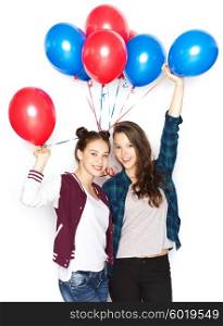 people, friends, teens, holidays and party concept - happy smiling pretty teenage girls with helium balloons