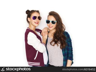 people, friendship, fashion, summer and teens concept - happy smiling pretty teenage girls in sunglasses