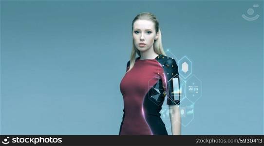people, future technology and science concept - beautiful futuristic woman with virtual projection over gray background