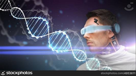 people, future technology, genetics and science - man with 3d glasses and microchip implant or sensors over dark background with dna molecule projection. man with 3d glasses, sensors and dna molecule