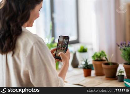 people, gardening and housework concept - happy woman with smartphone photographing pot flowers at home. woman with smartphone photographing pot flowers