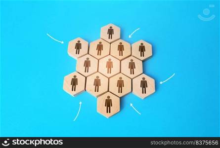 People gather in a group and form a topology snowflake shape. Self-organization and autonomy of teams. Business management. Organization. Team building teamwork. Hierarchical structure