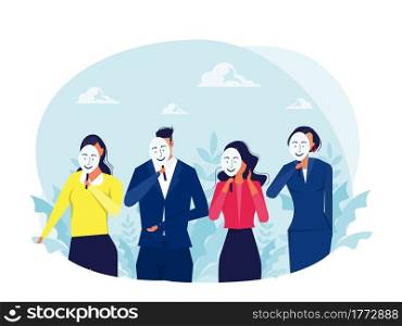 people girl and boy covering unhappy faces with holding positive masks for emotion, personality, psychology, disguise, depression concept vector illustrator
