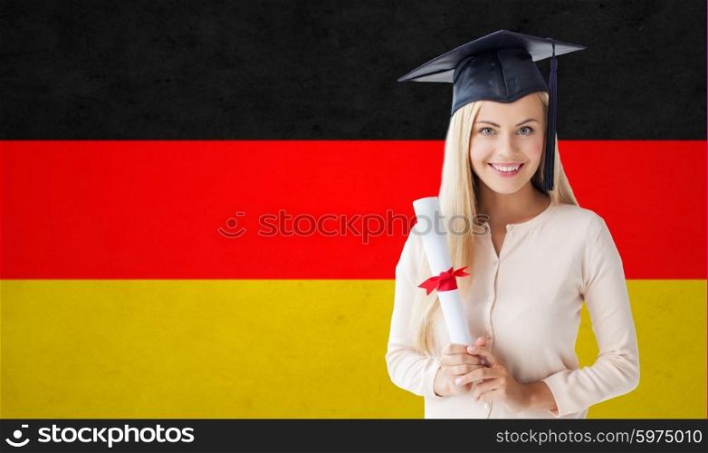people, graduation, school and education concept - happy student girl in bachelor cap with diploma over german flag background
