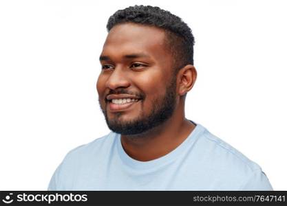 people, grooming and beauty concept - portrait of happy smiling young african american man over white background. portrait of smiling young african american man