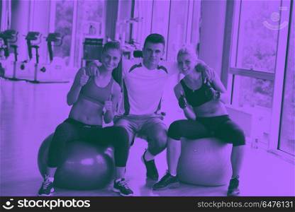 people group in fitness gym. group portrait of healthy and fit young people in fitness gym duo tone
