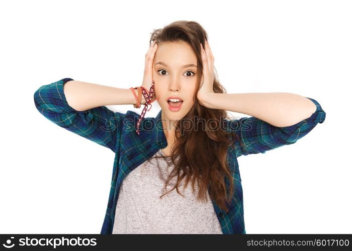 people, hair care, style and teens concept - happy pretty teenage girl holding to head. happy pretty teenage girl holding to head